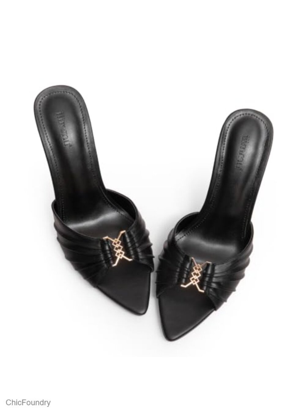 Faux Leather Stiletto Mule Heels with Gold Accents Slip On Dress Shoes